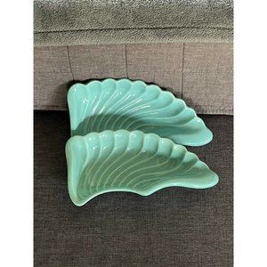 Set of 2 Vintage Maddux of California Pottery Blue Leaf Shaped Dishes 3066 10"